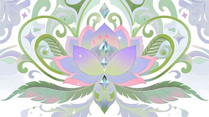 Abstract wellness mandala in soft pastel colors, with lotus flower and crystal motifs. Suitable for meditation, yoga, and mental health content design