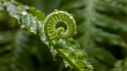Macro of unfurling fern frond with fine hairs and dew. Growth symbol for motivational design, nature, and botanical education