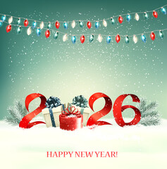 Merry Christmas and 2026 Happy New Year and  holiday background with gift boxes and colorful garland. Vector