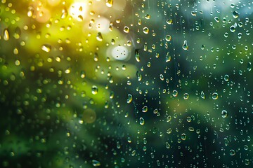 Raindrops on window with blurred green background