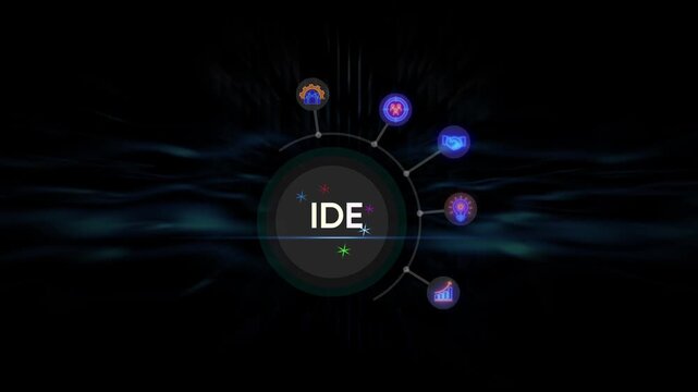 Integrated Development Environment IDE Logo with Abstract Dark Blue Background and Radial Light Effects Keywords: IDE, integrated development environment, logo, technology, programming, coding