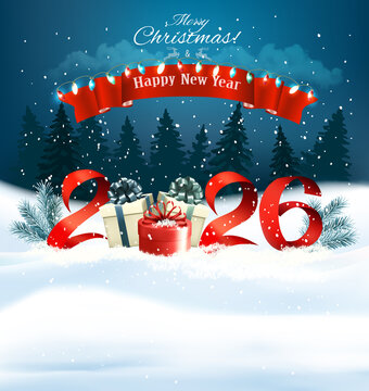 2026 Happy New Year and Merry Christmas holiday background with gift boxes and colorful garland. Vector