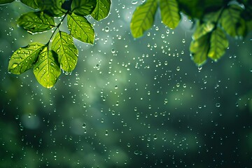Raindrops on window with blurred green background