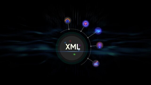 XML logo with abstract dark background and glowing lines Extensible Markup Language data