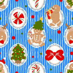 Cute Gingerbread Christmas Seamless Pattern, Blue Holiday Cookie Digital Paper, Sweet Christmas Tree and Bow