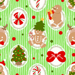 Cute Gingerbread Christmas Seamless Pattern, Blue Holiday Cookie Digital Paper, Sweet Christmas Tree and Bow