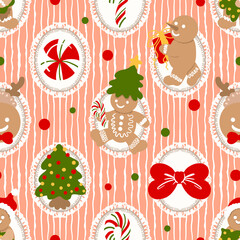 Cute Gingerbread Christmas Seamless Pattern, Blue Holiday Cookie Digital Paper, Sweet Christmas Tree and Bow