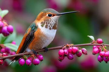Fototapeta premium Hummingbird Perched on Branch with Pink Berries