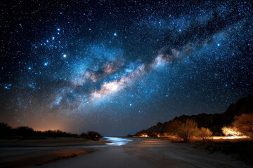 Obraz premium Milky Way over desert beach at night with glowing lights