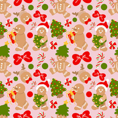 Cute Gingerbread Christmas Seamless Pattern, Blue Holiday Cookie Digital Paper, Sweet Christmas Tree and Bow