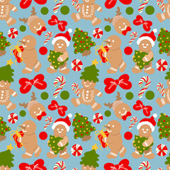 Cute Gingerbread Christmas Seamless Pattern, Blue Holiday Cookie Digital Paper, Sweet Christmas Tree and Bow