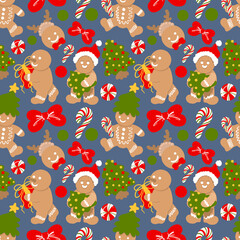 Cute Gingerbread Christmas Seamless Pattern, Blue Holiday Cookie Digital Paper, Sweet Christmas Tree and Bow