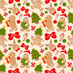Cute Gingerbread Christmas Seamless Pattern, Blue Holiday Cookie Digital Paper, Sweet Christmas Tree and Bow