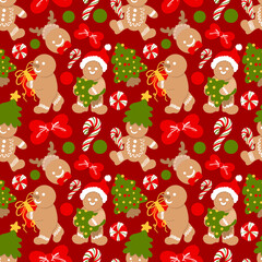 Cute Gingerbread Christmas Seamless Pattern, Blue Holiday Cookie Digital Paper, Sweet Christmas Tree and Bow