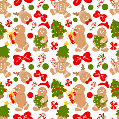 Cute Gingerbread Christmas Seamless Pattern, Blue Holiday Cookie Digital Paper, Sweet Christmas Tree and Bow