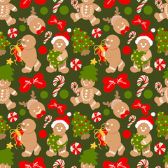 Cute Gingerbread Christmas Seamless Pattern, Blue Holiday Cookie Digital Paper, Sweet Christmas Tree and Bow