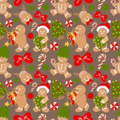Cute Gingerbread Christmas Seamless Pattern, Blue Holiday Cookie Digital Paper, Sweet Christmas Tree and Bow