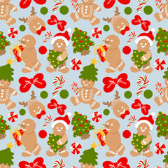 Cute Gingerbread Christmas Seamless Pattern, Blue Holiday Cookie Digital Paper, Sweet Christmas Tree and Bow
