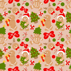Cute Gingerbread Christmas Seamless Pattern, Blue Holiday Cookie Digital Paper, Sweet Christmas Tree and Bow