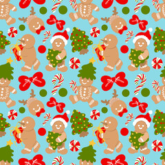 Cute Gingerbread Christmas Seamless Pattern, Blue Holiday Cookie Digital Paper, Sweet Christmas Tree and Bow