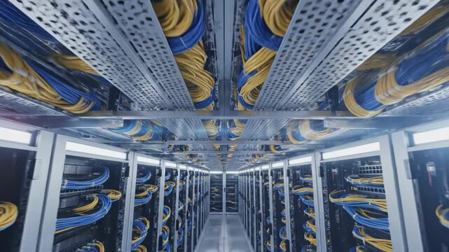 Server Room with Rows of Network Cables and Data Racks.