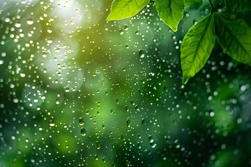 Raindrops on window with blurred green background