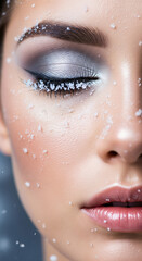 Extreme close-up of a woman's face with flawless skin and magical winter makeup. A frosty holiday beauty concept with shimmering silver eyeshadow, eyeliner, and delicate snowflakes on her eyelashes.