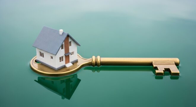 Miniature house on golden key floating: real estate and home ownership concept