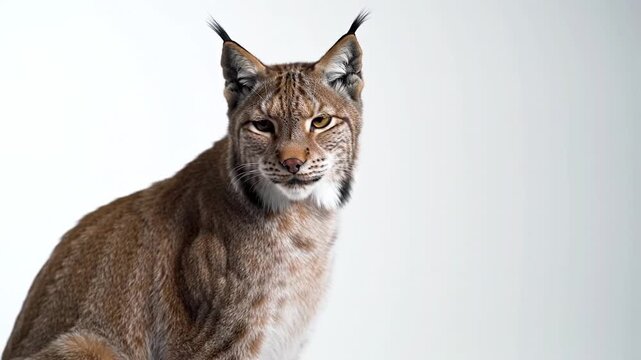 A regal wildcat with tufted ears gazes forward with a calm, penetrating stare on a white background