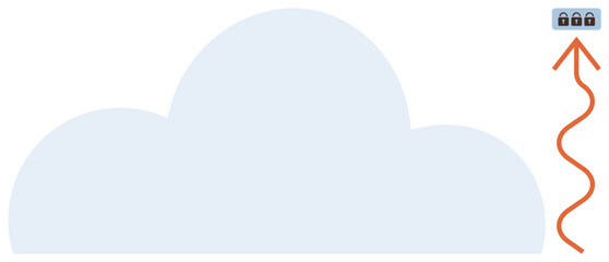 Large cloud with orange arrow and floating locks representing secure file encryption, transfer, and storage. Ideal for technology, cybersecurity, network protection, data privacy, online safety