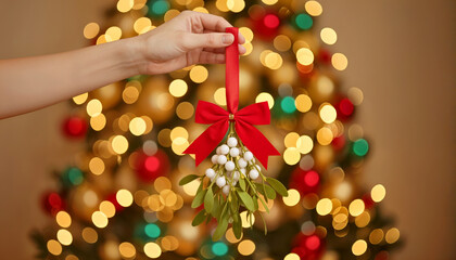 Hand Holding Christmas Mistletoe with Red Bow Against Decorated Tree with Bokeh Lights