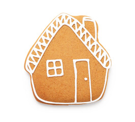 Tasty gingerbread cookie in shape of house isolated on white, top view. Christmas treat