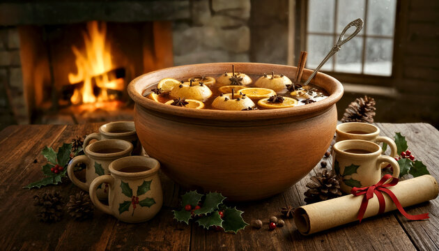 Cozy Winter Scene with Mulled Cider, Spices and Holly by the Fireside. Wassailing traditional drink