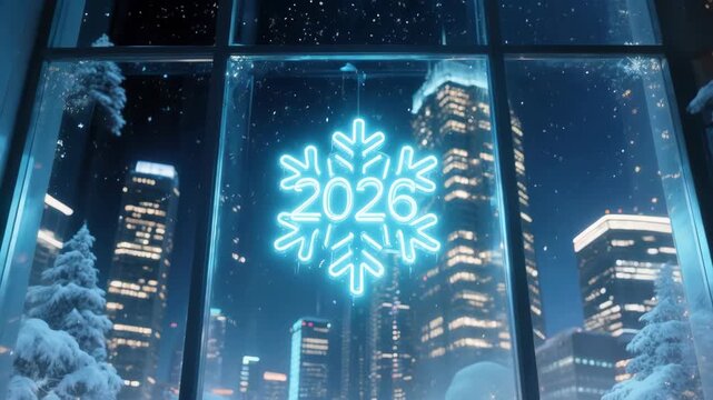 Neon snowflake 2026 sign glowing in winter city night view