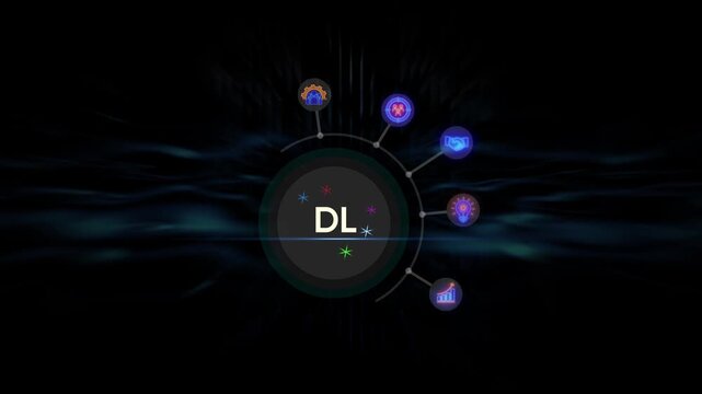 DL acronym with abstract dark background and glowing circular interface deep learning artificial intelligence
