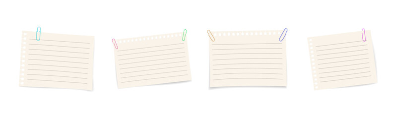 Set of white paper notes with 3D paper clips. Realistic vector collection of blank sheets for office, memo, or stationery design isolated on white background.