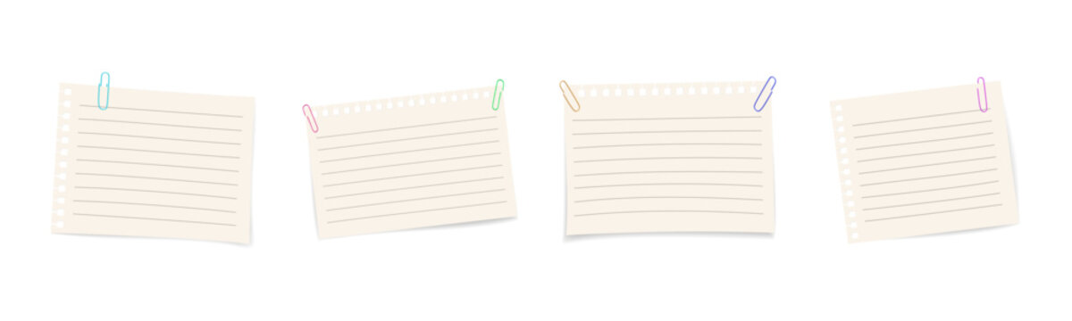 Set of white paper notes with 3D paper clips. Realistic vector collection of blank sheets for office, memo, or stationery design isolated on white background.