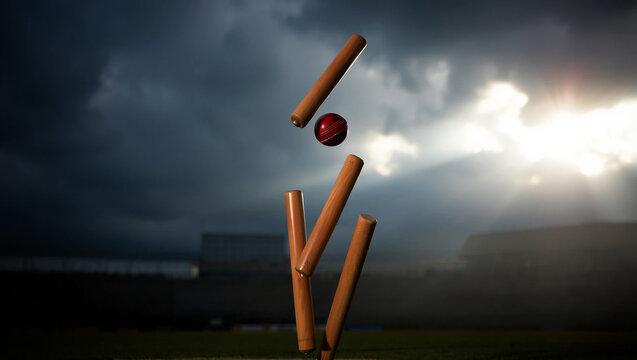 Wooden wickets and red ball mid air cricket