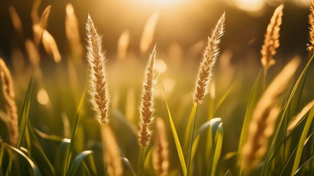 Close-up of golden sunlit feathery grass in a field during sunset.