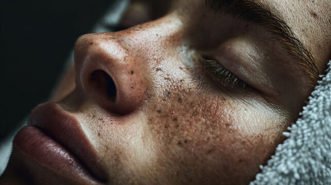Close-up portrait of woman with towel wrapped around head eyes closed. Relaxed facial skin with freckles after spa treatment. Beauty wellness and skincare concept.