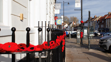 The black railings in Yarm with red knitted poppy for Remembrance Day