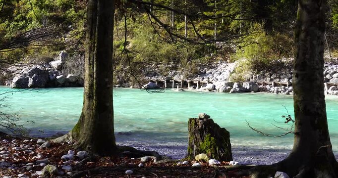 Velika korita Soče in the The Great Soča Gorge, Beautiful gorge with emerald coloured water flowing between the uniquely formed rocks, Triglav National Park, Julian Alps, Slovenia, Europe