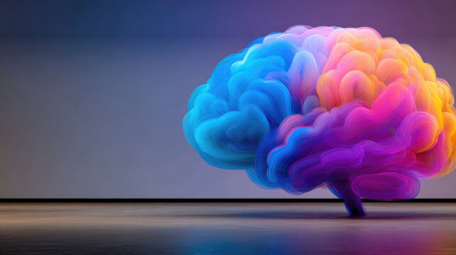 Empty gallery room with giant AR hologram of human brain — conceptual art meets tech minimal, neon smoke filaments, twilight tones