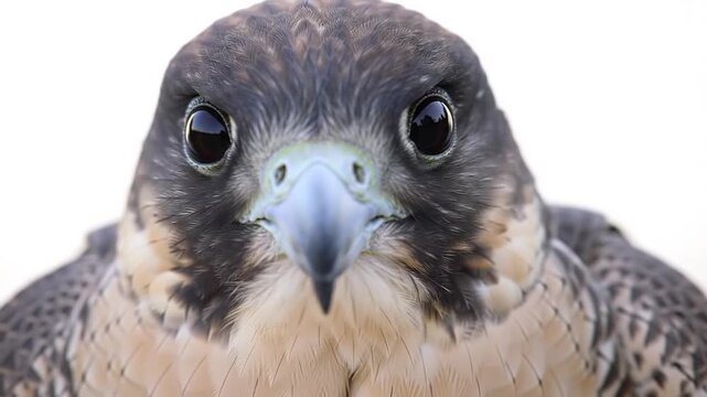 Close-up of a bird's face, staring intently at the viewer. Feathers & detail are in focus
