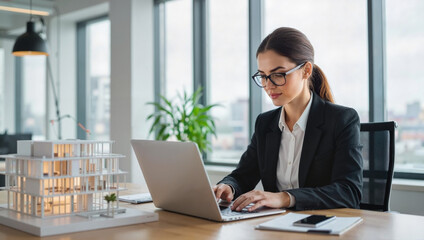 Fototapeta premium Businesswoman working on laptop in modern office