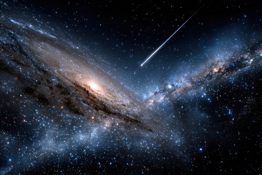 Spiral Galaxy with Comet Streaking Across Starry Night Sky