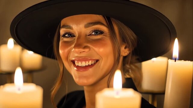 Smiling Witchy Woman with Black Hat Amidst Flickering Candles Warm Glow and Happy Expression.