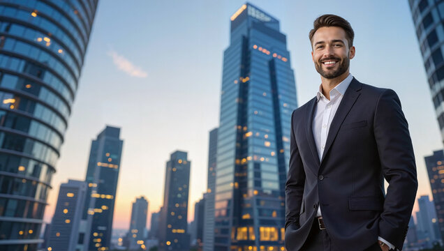 Confident businessman in suit with modern city skyline