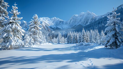 Snow-covered pine forest with mountain backdrop