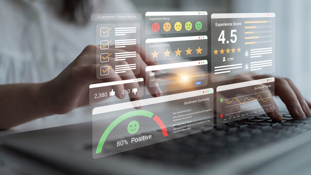 Feedback system with ratings, sentiment meter, and charts representing customer satisfaction and experience analysis Parse
